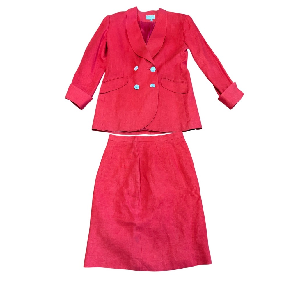 Vintage Red Linen Blazer Skirt Suit Set Double Breasted Sz 10